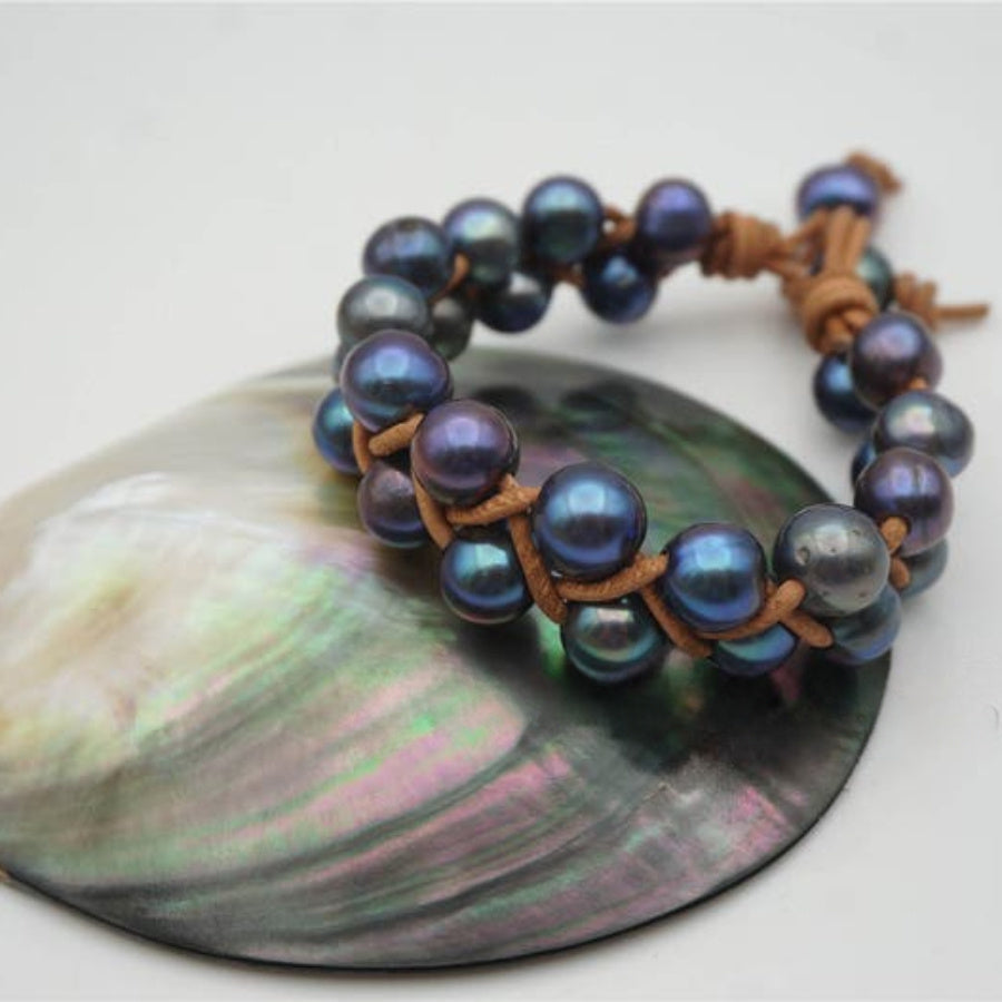 Two Rows Blue Pearl Bracelet Leather Pearls Bracelet Pearl