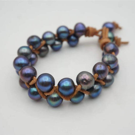 Two Rows Blue Pearl Bracelet Leather Pearls Bracelet Pearl