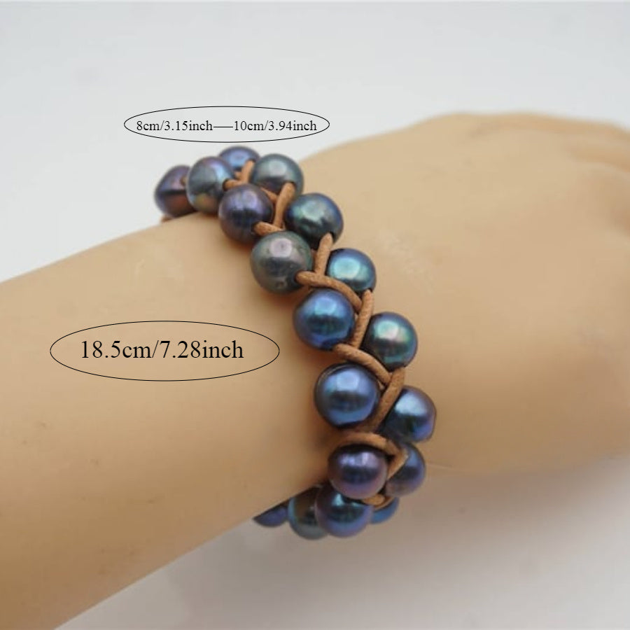 Two Rows Blue Pearl Bracelet Leather Pearls Bracelet Pearl