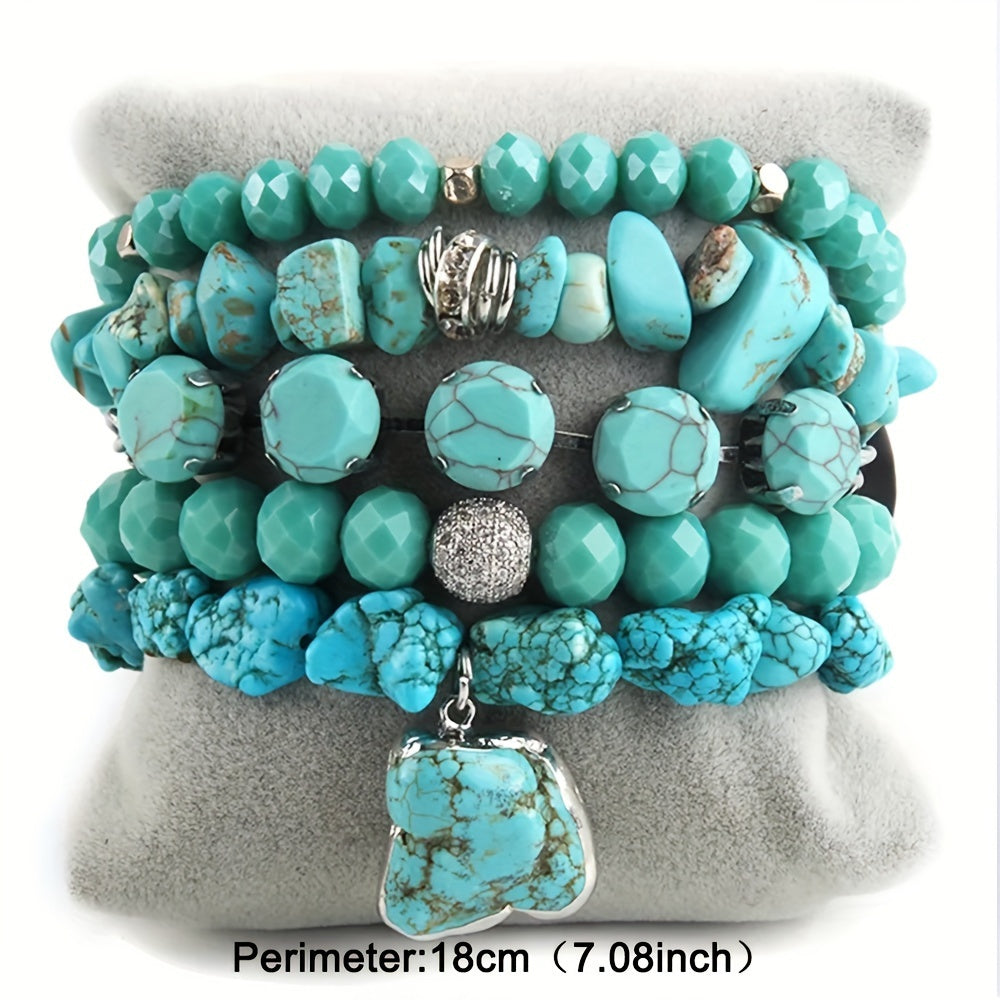 5pcs Boho Beaded Turquoise Bracelet Set, Stackable Multi-Layer Handmade Crystal And Turquoise Stretch Bracelets, Classic Design For Daily And Vacation Wear-Bohemian Elegant Style Suitable For Women Stackable