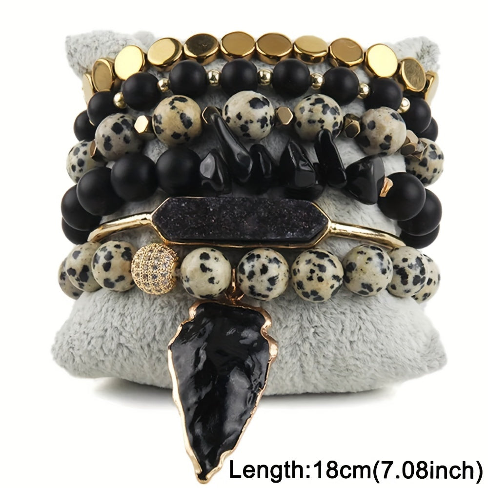 6pcs Boho Chic Natural Stone Stretch Bracelet Set with Druzy Pendant Charm - Elegant Multi-Layer, Stackable Design for Daily & Vacation Wear - Ideal Gift for Friends & Family, Charm Bracelet