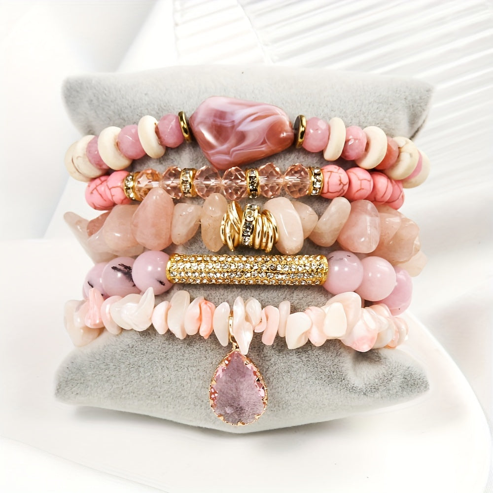 5 Piece Bohemian Chic Beaded Stackable Stretch Bracelet Set - Handmade Hand-Stringed Jewelry Decoration With Boho Style Beads Bracelet, Fashion Boho Bracelet Jewelry Perfect For Bohemian Fashion Lovers Christmas