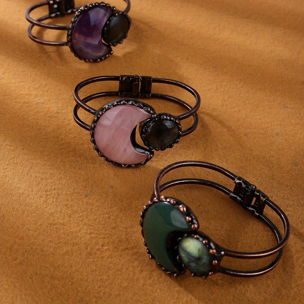 A Vintage Style Pink Crystal Amethyst Green Aventurine Moon Combination Labradorite Bronze Bracelet