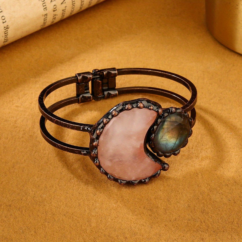 A Vintage Style Pink Crystal Amethyst Green Aventurine Moon Combination Labradorite Bronze Bracelet