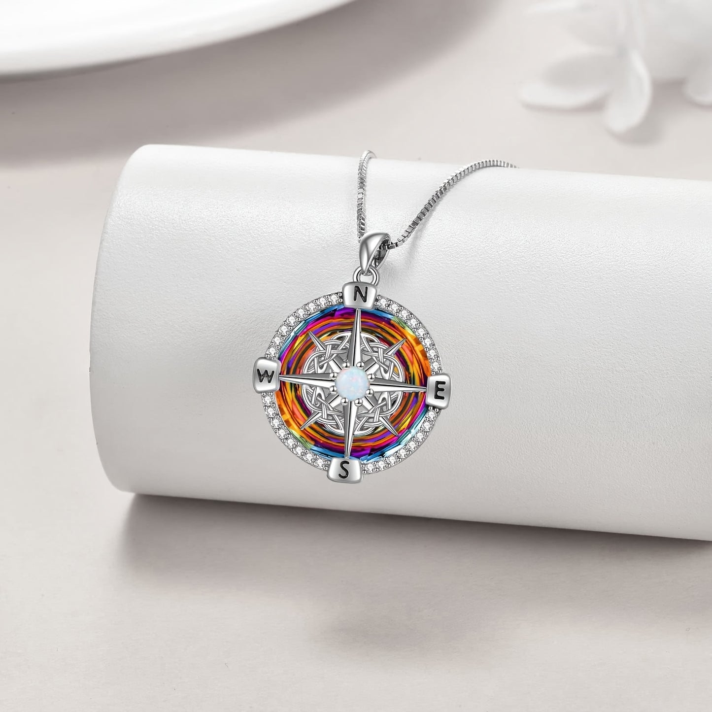 925 Sterling Silvery Compass Necklace for Women Good Luck Celtic Knot Pendant Necklace with Colorful Created Artificial Crystal Compass Jewelry Graduation Mothers Day Gifts for Sister Wife Her Mother