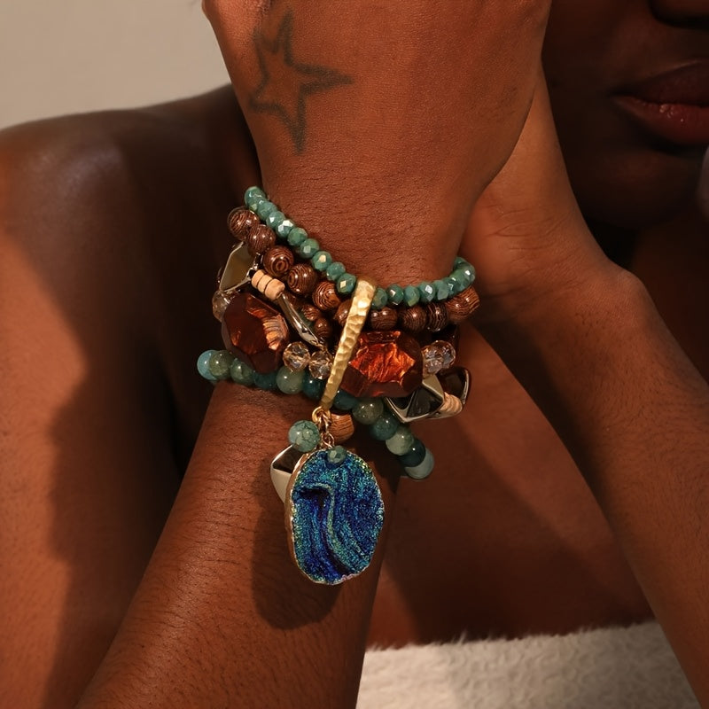 1pc Bohemian Style Mixed Color Beaded Bracelet with Resin Pendant - Layered Stackable Boho Chic Jewelry for Beach & Special Occasions, Ideal Gift for Women