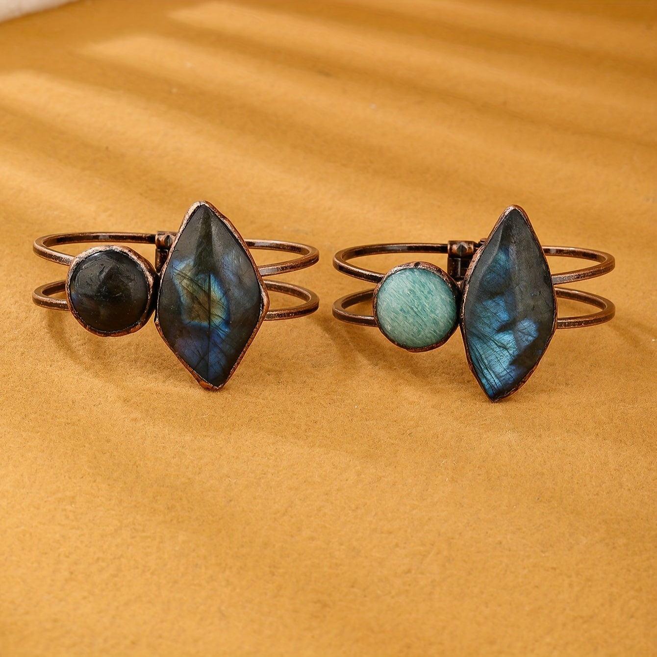 Vintage Bohemian Style Natural Labradorite Stone Bracelet - Handcrafted Antique Bronze Finish, Teardrop & Round Designs, Perfect for Parties & Gifts