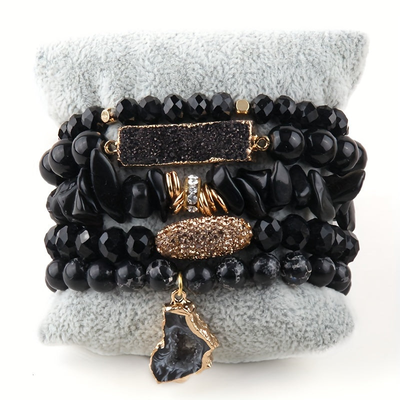 5pcs Boho Natural Stone Beaded Bracelet Set, Stackable Multi-Layer Handmade Stretch Bracelets, Fashion Boho Bracelet Jewelry For Women