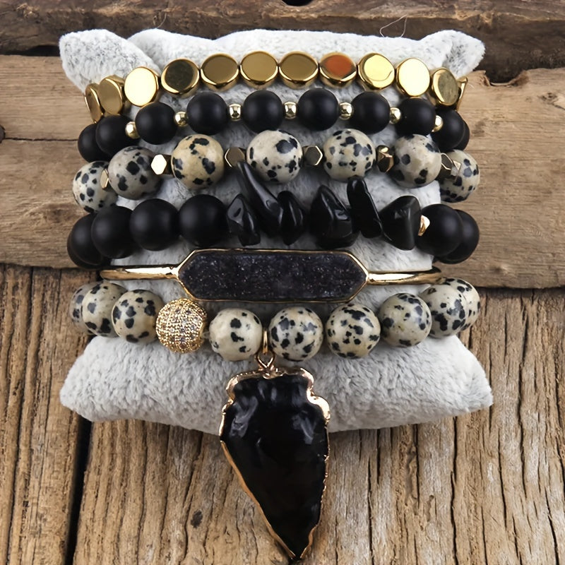6pcs Boho Chic Natural Stone Stretch Bracelet Set with Druzy Pendant Charm - Elegant Multi-Layer, Stackable Design for Daily & Vacation Wear - Ideal Gift for Friends & Family, Charm Bracelet