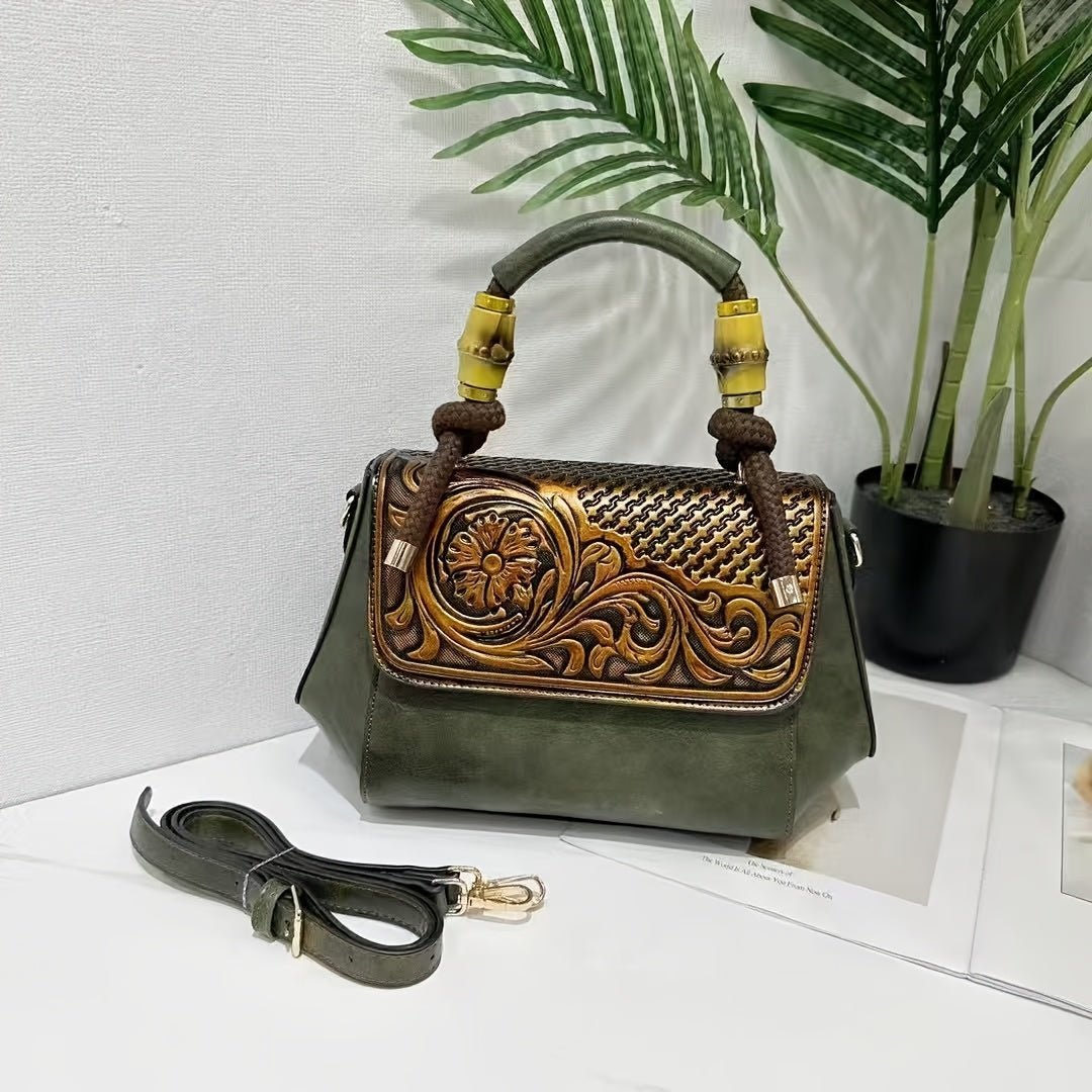 2025 Retro Chinese-Inspired Floral Carved Women's Handbag - Premium Second-Layer Leather Convertible Crossbody/Shoulder Bag with Adjustable Braided Strap, Secure Clasp Closure & Lined Interior - Available in Deep Brown, Beige