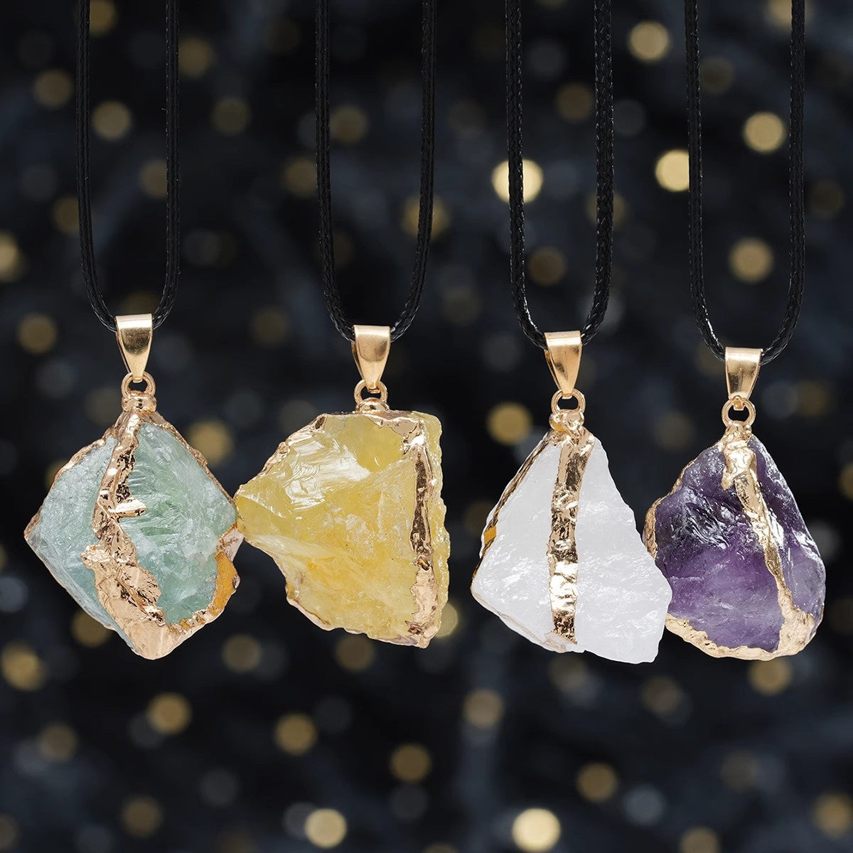 20pcs/ 10SET Natural Stone Irregular Bezel Pendants - Boho Chic Necklace DIY Kit with -Plated Edging & Black Leather Cords, Luxe Party Jewelry for Holidays/ Gifts, Includes 1 Free Storage Pouch