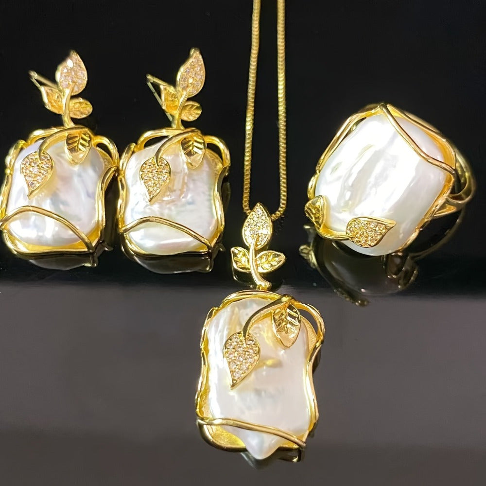 Women's Jewelry Set, Natural Freshwater Freshwater Pearls Necklace, Earring Set, Baroque Freshwater Freshwater Pearls Ring Set