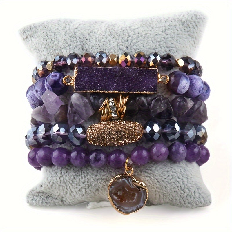 5pcs Boho Natural Stone Beaded Bracelet Set, Stackable Multi-Layer Handmade Stretch Bracelets, Fashion Boho Bracelet Jewelry For Women