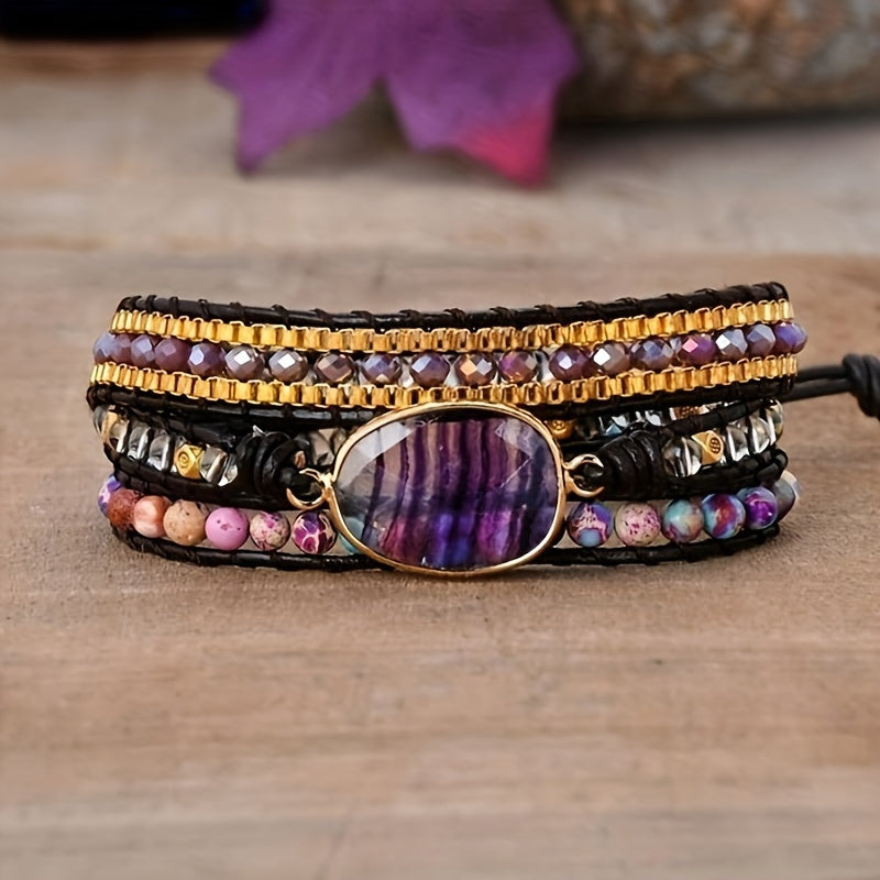 3 Layers Winding Imperial Stone Amethyst Bracelet, Bohemian Handmade Natural Stone Fluorite Crystal Beaded Bracelet for Women