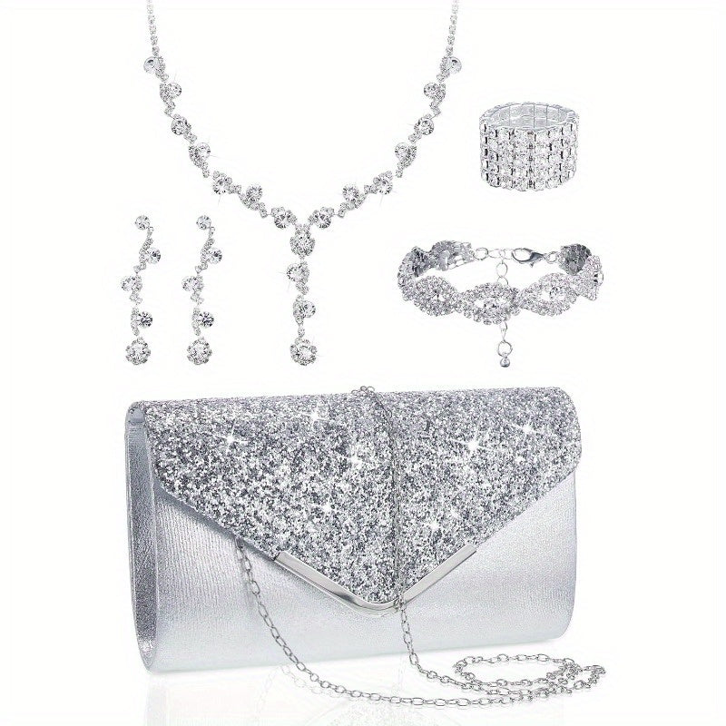 5pcs Elegant Jewelry Set for Women - Chic Clutch, Necklace, Earrings, Bracelet & Ankle Chain, Perfect for Weddings & Formal Events, Wedding Jewelry | Glamorous Jewelry | Embellishments, Jewelry Set