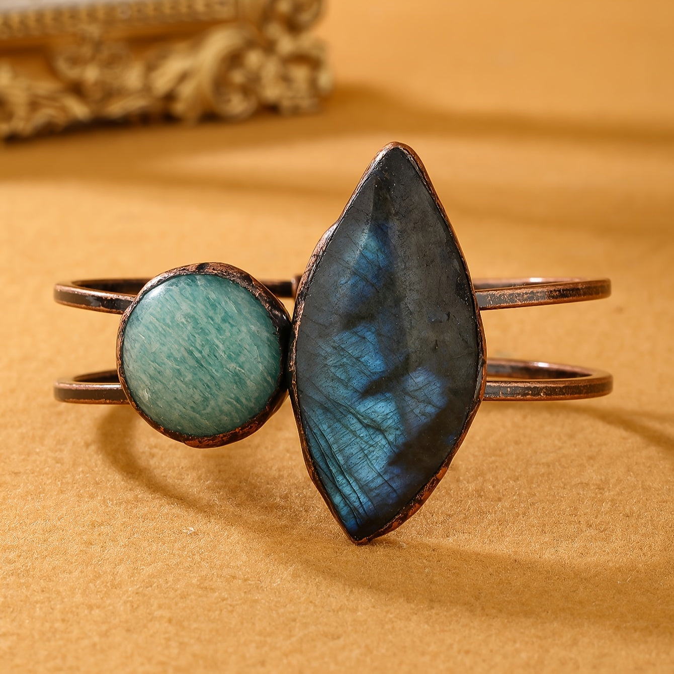 Vintage Bohemian Style Natural Labradorite Stone Bracelet - Handcrafted Antique Bronze Finish, Teardrop & Round Designs, Perfect for Parties & Gifts