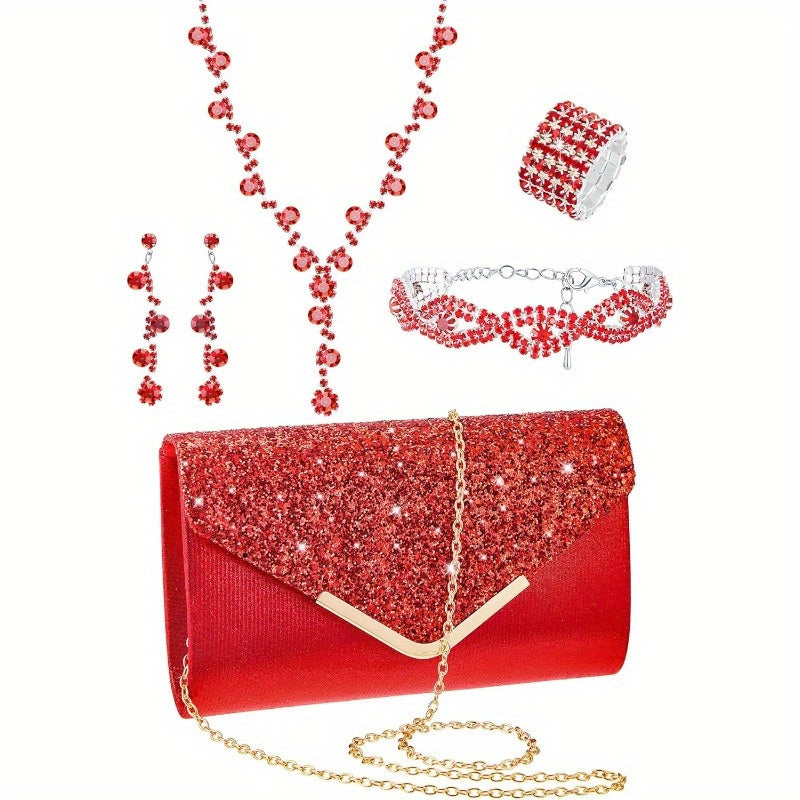 5pcs Elegant Jewelry Set for Women - Chic Clutch, Necklace, Earrings, Bracelet & Ankle Chain, Perfect for Weddings & Formal Events, Wedding Jewelry | Glamorous Jewelry | Embellishments, Jewelry Set