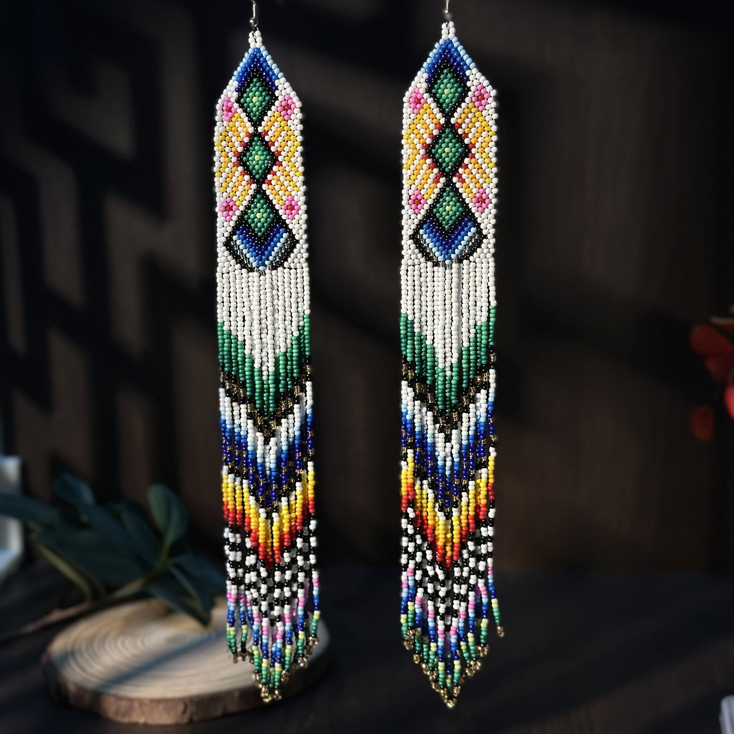 White Geometric Bohemian Ultra-long Tassel Earrings Top Beaded Tassel Earrings Handmade Glass Beads Rice Beads Seed Beads Lady Jewelry Holiday Party And Daily Wear The Best Gift Girls