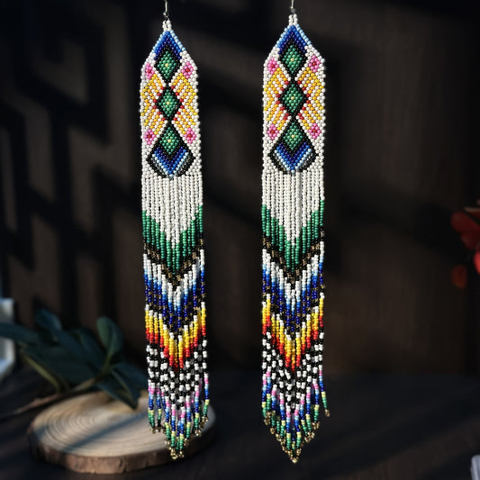White Geometric Bohemian Ultra-long Tassel Earrings Top Beaded Tassel Earrings Handmade Glass Beads Rice Beads Seed Beads Lady Jewelry Holiday Party And Daily Wear The Best Gift Girls