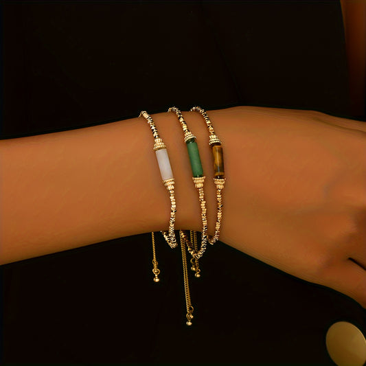 3pcs Women's Fashion Bracelet Retro Fall/Winter Adjustable 1 Mils Golden Plating Natural Stone Handmade Beaded Bracelet Set for Everyday