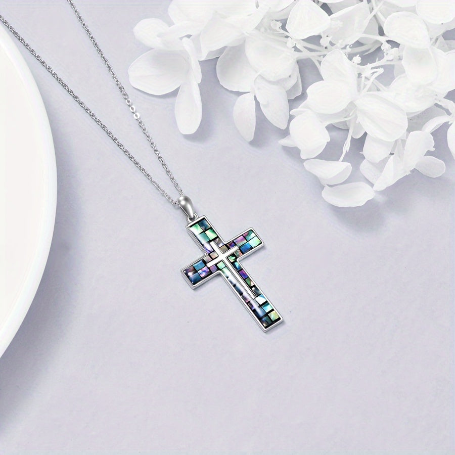 Sterling Silver Cross Necklace with Abalone Shell Pendant - Hypoallergenic, Religious Christian Jewelry Gift for Women