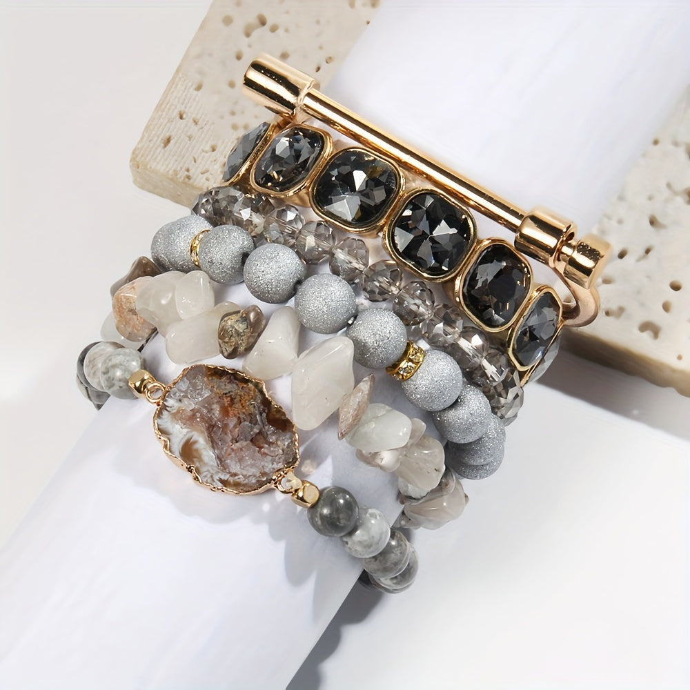 6pcs Boho Natural Stone Beaded Bracelet Set, Stackable Multi-Layer Handmade Stretch Bracelets, Bohemian Elegant Style Suitable For Women Stackable, Fashion Boho Bracelet Jewelry For Women