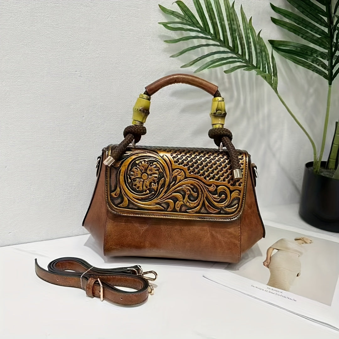 2025 Retro Chinese-Inspired Floral Carved Women's Handbag - Premium Second-Layer Leather Convertible Crossbody/Shoulder Bag with Adjustable Braided Strap, Secure Clasp Closure & Lined Interior - Available in Deep Brown, Beige