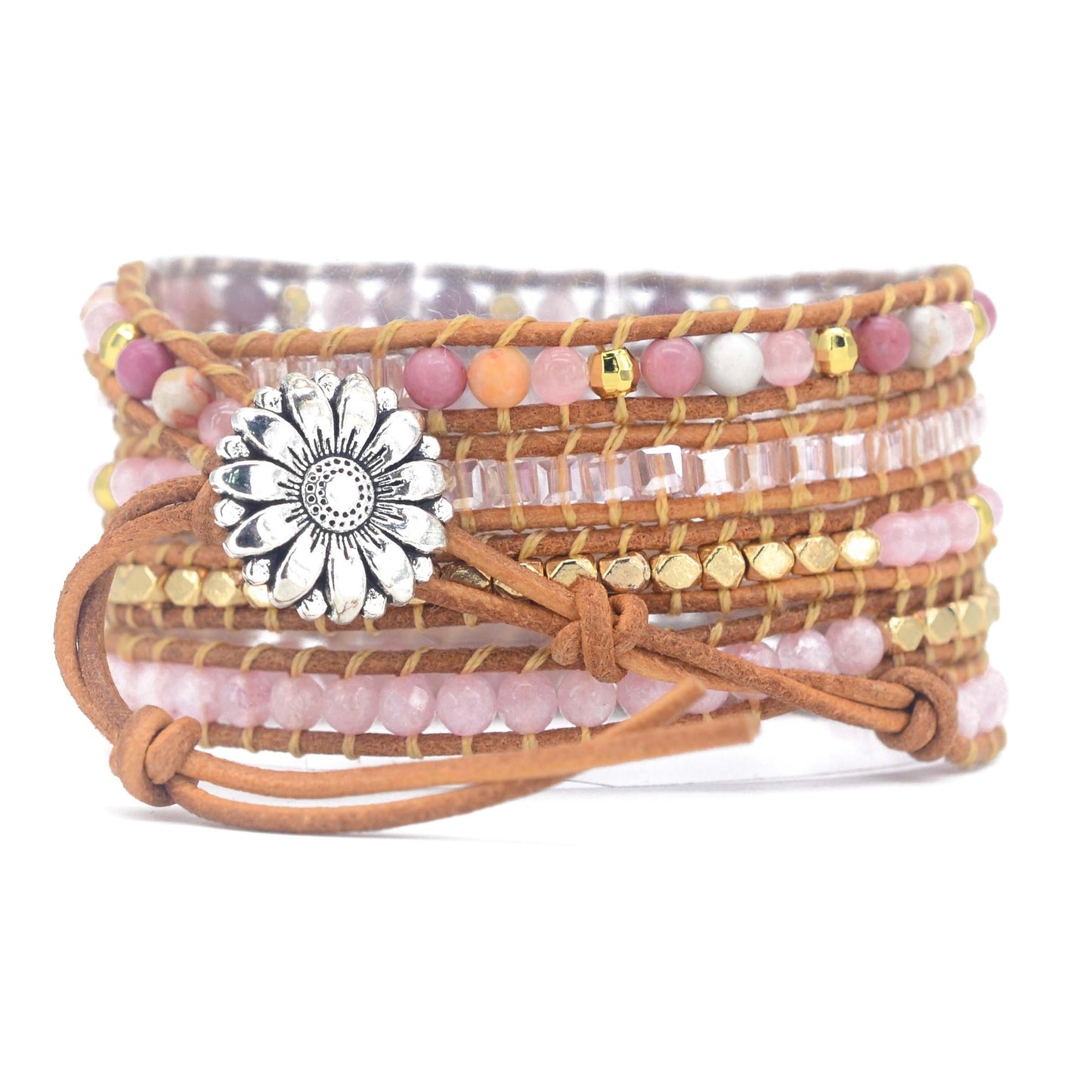 [5 Wrap Boho Bracelet] 5 Wrap Natural Rose Crystal Leather Handmade Boho Bracelet Jewelry