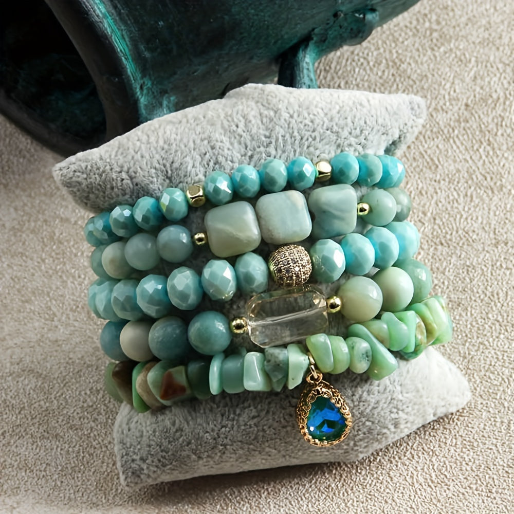 5pcs Boho Beaded Turquoise Bracelet Set, Stackable Multi-Layer Handmade Crystal And Turquoise Stretch Bracelets, Classic Design For Daily And Vacation Wear-Bohemian Elegant Style Suitable For Women Stackable
