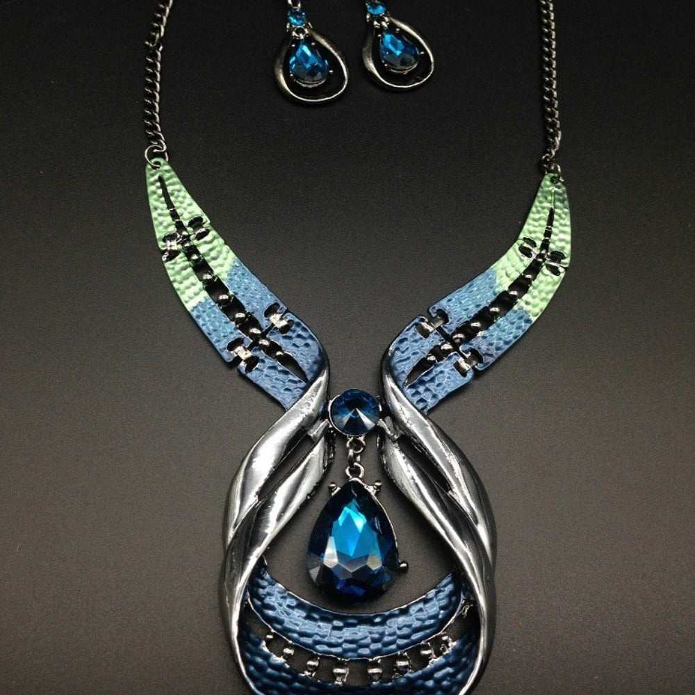 Blue Earrings Necklace Set, Luxury  Electroplated Two-Piece Set Chain Jewelry, Perfect for Daily Wear or Gifting