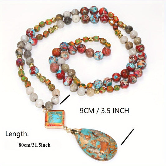 The Bohemian Vintage Colored Textured Stone Bead Necklace Comes with An Oval Pendant for Everyday Wear and Gifting
