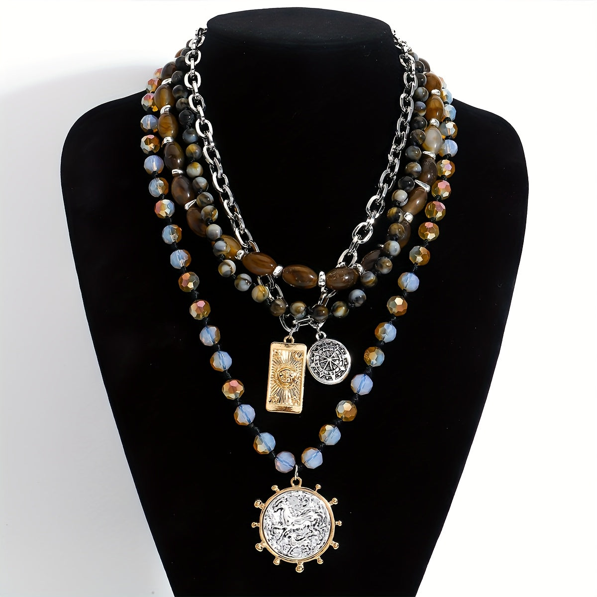4pcs Bohemian Style Women's Multi-Layer Beaded Chain with Natural Stone Geometric Round and Rectangular Pendant Fashion High-End Layered Body Chain