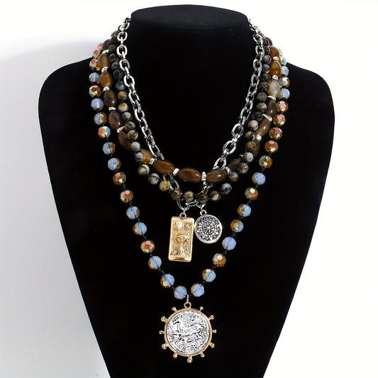 4pcs Bohemian Style Women's Multi-Layer Beaded Chain with Natural Stone Geometric Round and Rectangular Pendant Fashion High-End Layered Body Chain