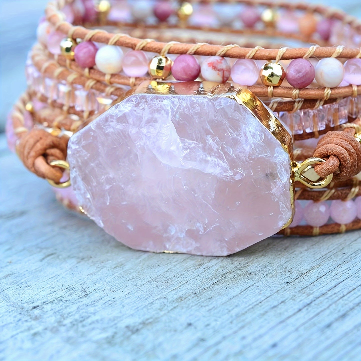 [5 Wrap Boho Bracelet] 5 Wrap Natural Rose Crystal Leather Handmade Boho Bracelet Jewelry