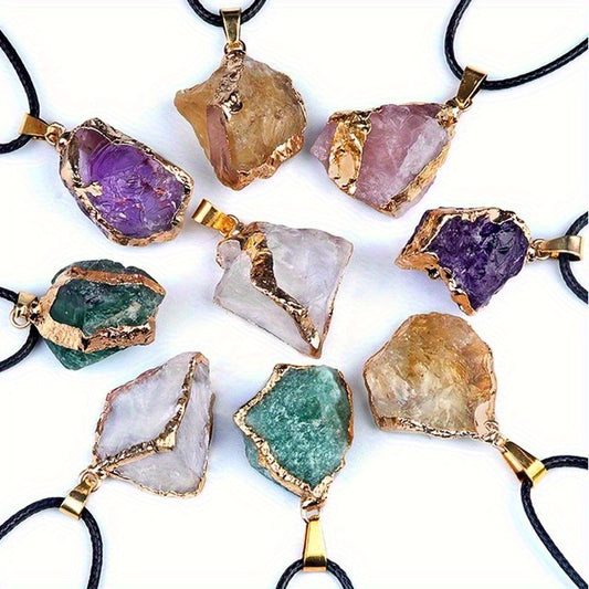 20pcs/ 10SET Natural Stone Irregular Bezel Pendants - Boho Chic Necklace DIY Kit with -Plated Edging & Black Leather Cords, Luxe Party Jewelry for Holidays/ Gifts, Includes 1 Free Storage Pouch