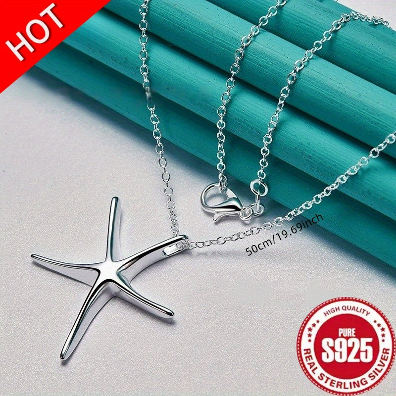 925 Silver Star and Starfish Pendant Necklace - Fashionable Women's Jewelry, Perfect Wedding Accessories, Daily Wear, Holiday Gifts for Friends