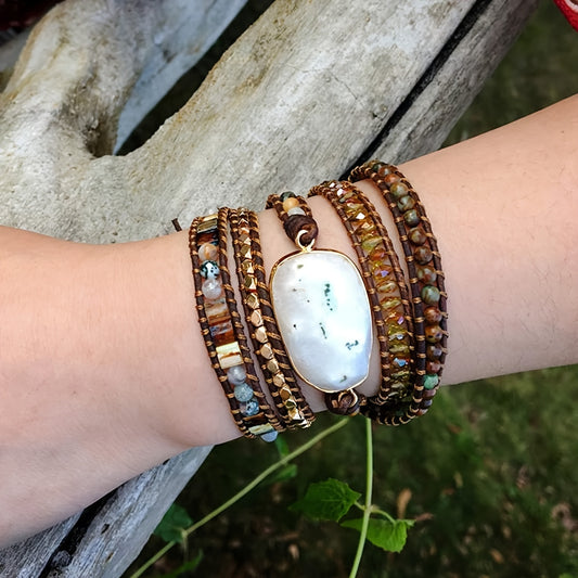 5 Wrap Bracelet Handmade Natural Stone Jasper White Opal Leather Boho Bracelets Jewelry