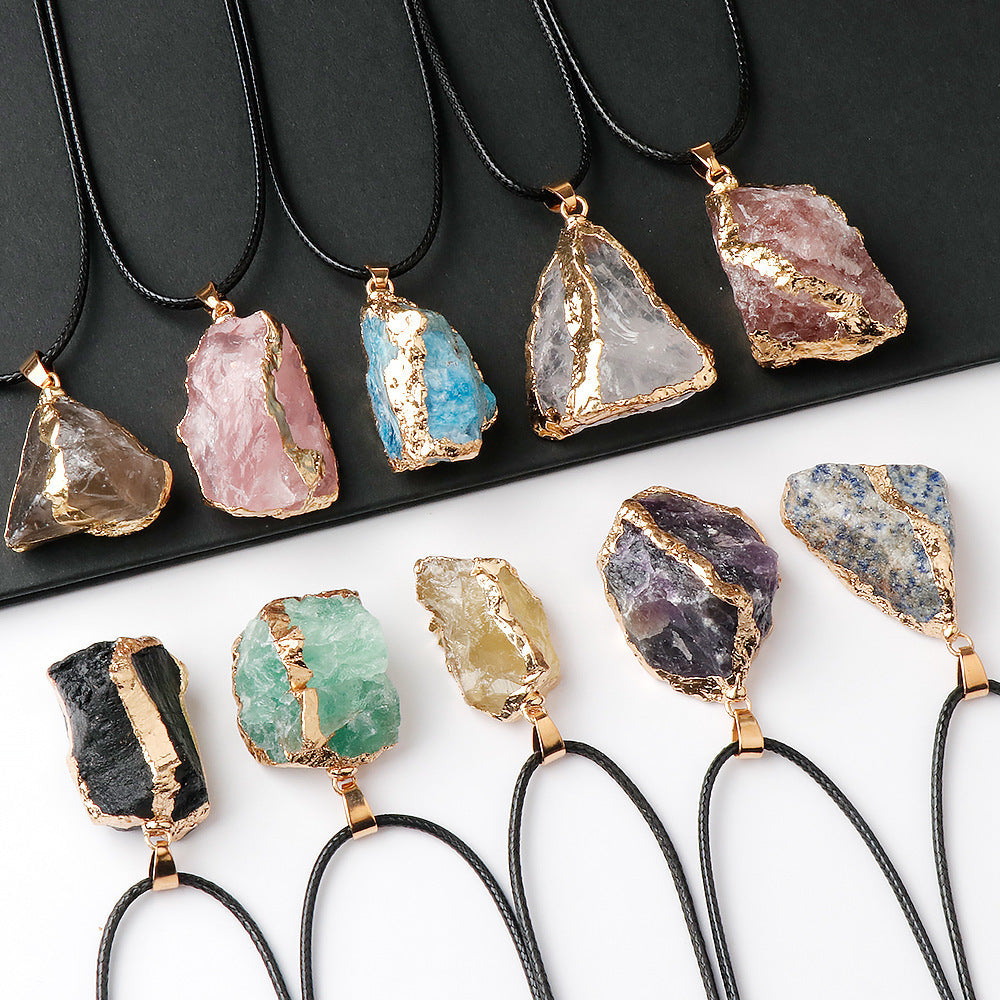 20pcs/ 10SET Natural Stone Irregular Bezel Pendants - Boho Chic Necklace DIY Kit with -Plated Edging & Black Leather Cords, Luxe Party Jewelry for Holidays/ Gifts, Includes 1 Free Storage Pouch