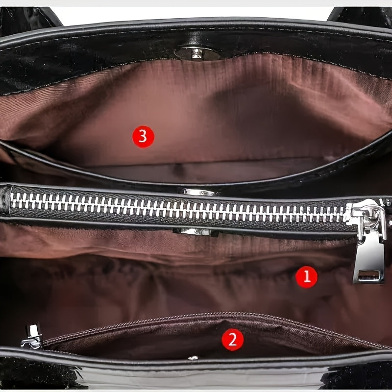 Women's Genuine Leather Shoulder Bag with Detachable Strap & Adhesive Closure - Striped Handbag in Gray/Red/Black, Polyester Lining & Oil-Edged Trim for Durability, Versatile for Casual & Formal Use