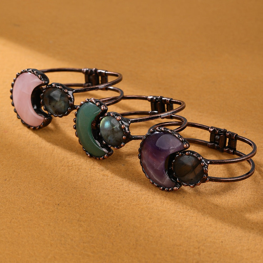 A Vintage Style Pink Crystal Amethyst Green Aventurine Moon Combination Labradorite Bronze Bracelet