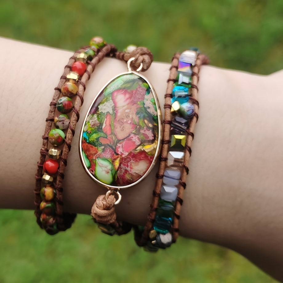 Women Wrap Bracelet Boho Natural Colored Turquoise Jasper Crystal Stone Beads Strand Bracelets