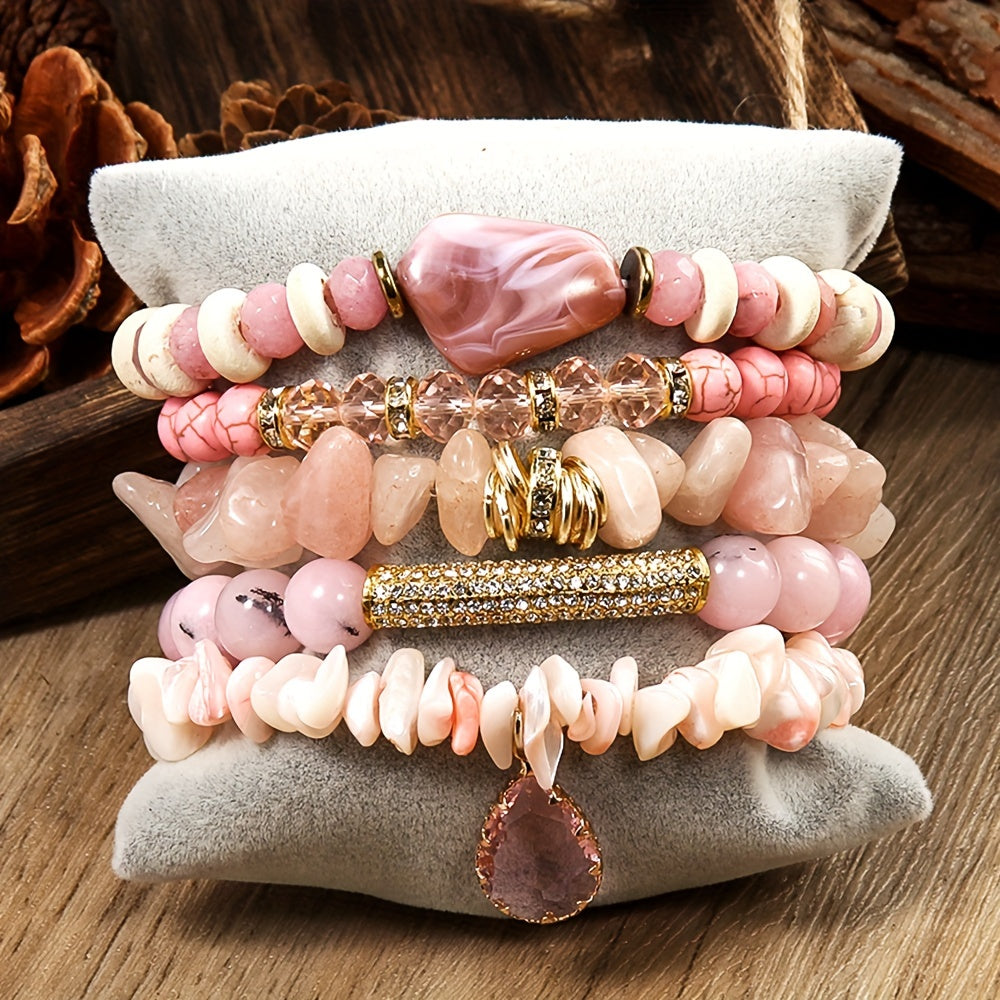 5 Piece Bohemian Chic Beaded Stackable Stretch Bracelet Set - Handmade Hand-Stringed Jewelry Decoration With Boho Style Beads Bracelet, Fashion Boho Bracelet Jewelry Perfect For Bohemian Fashion Lovers Christmas