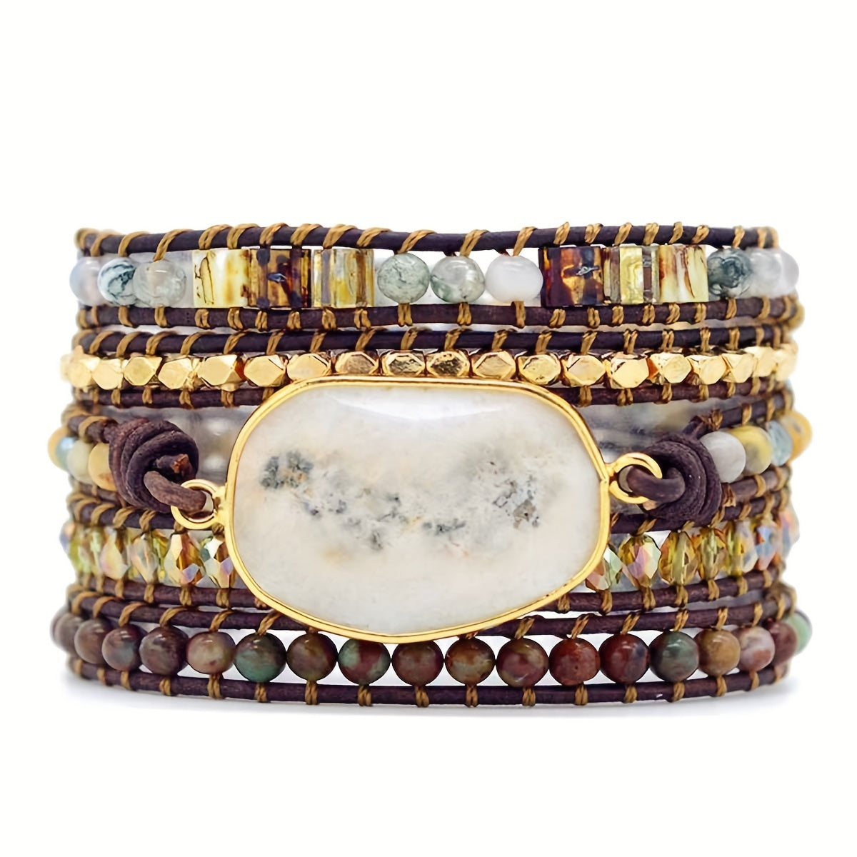 5 Wrap Bracelet Handmade Natural Stone Jasper White Opal Leather Boho Bracelets Jewelry