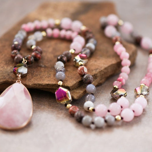 Women'S Bohemian Necklace - Pink-Purple Gemstone Pendant with Golden Beads, Everyday & Formal Jewelry Gift for Birthdays, Anniversaries - Year-Round Elegant Necklace for Women, Versatile Accessory, Vintage Charm, Delicate Bea
