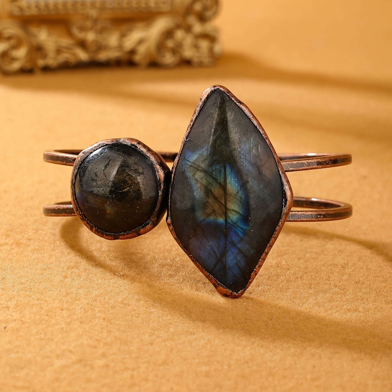 Vintage Bohemian Style Natural Labradorite Stone Bracelet - Handcrafted Antique Bronze Finish, Teardrop & Round Designs, Perfect for Parties & Gifts
