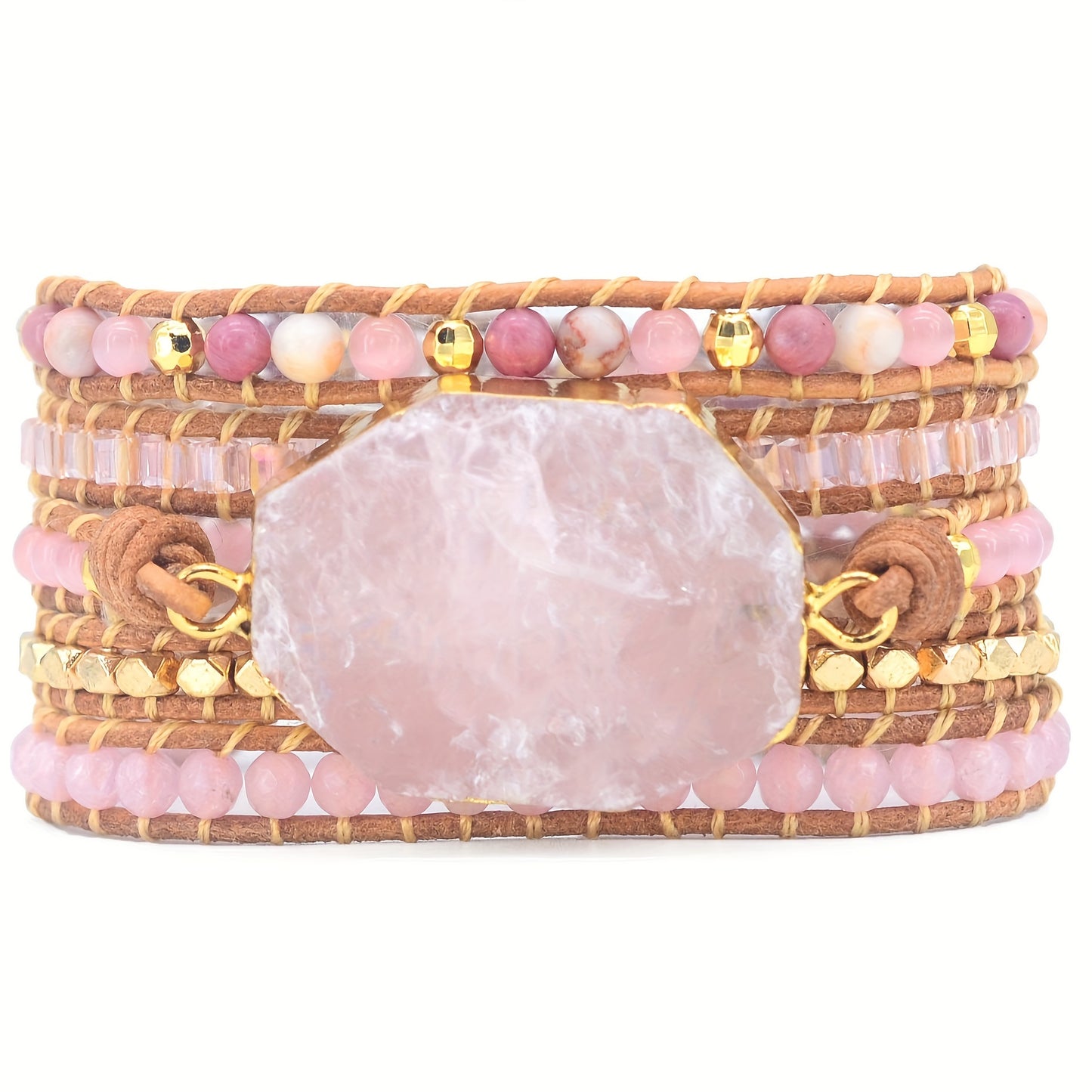 [5 Wrap Boho Bracelet] 5 Wrap Natural Rose Crystal Leather Handmade Boho Bracelet Jewelry