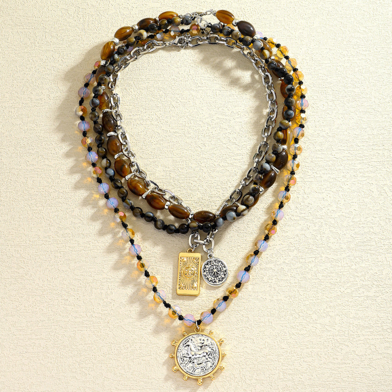 1pc Women's Multi-Layer Beaded Necklace - Blue & Brown Marbled Oval Pendant with Golden-Tone Chain, Retro-Sexy Layered Jewelry for Casual Attire, Valentine's Day Gift, Birthday Party Accessories - Durable Bead & Chain Design,