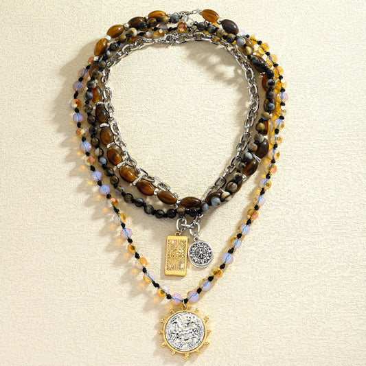 1pc Women's Multi-Layer Beaded Necklace - Blue & Brown Marbled Oval Pendant with Golden-Tone Chain, Retro-Sexy Layered Jewelry for Casual Attire, Valentine's Day Gift, Birthday Party Accessories - Durable Bead & Chain Design,