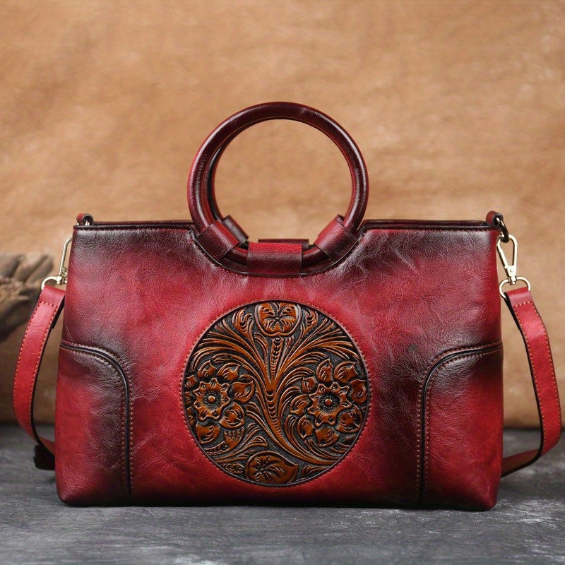 2025 Floral Embossed Crossbody Bag, Ethnic Style Olive Green/Brown Contrast Design, Dual-Use Handheld & Shoulder Bag, Golden-Tone Hardware Zipper Closure, Casual Formal Art Purse, Durable Polyester Lining, Fine Craftsmanship,