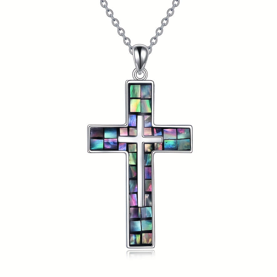 Sterling Silver Cross Necklace with Abalone Shell Pendant - Hypoallergenic, Religious Christian Jewelry Gift for Women